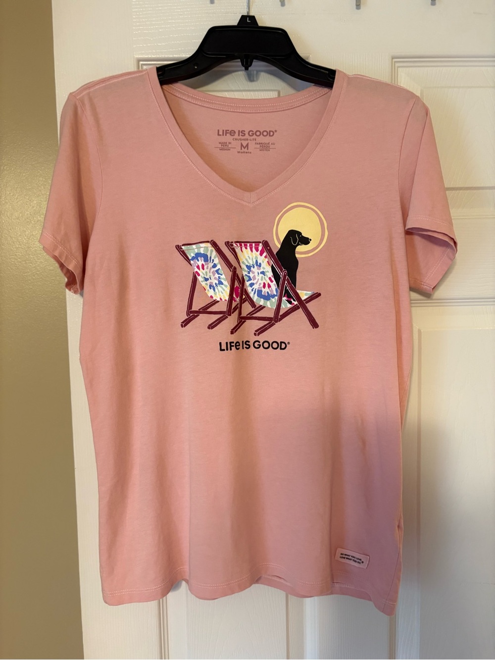 Life Is Good Pink V-Neck Tee with Beach Chair & Dog Graphic